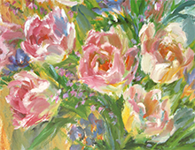 Maleri med motiv av en blomsterbukett. Bilde.