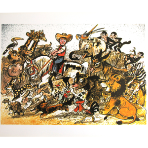 Maleri i tegneseriestil med motiv av en cowboy på hest og en horde med alle slags dyr fra løve til sjiraffer. Bilde.