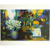 Reproduksjon av stilleben med forskjellige blomster i vaser. Bilde.