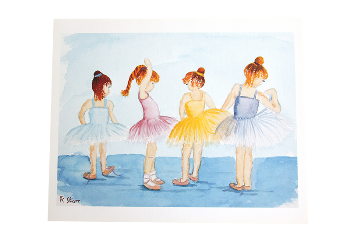 Reproduksjon med motiv av fire små jenter som danser. Bilde.