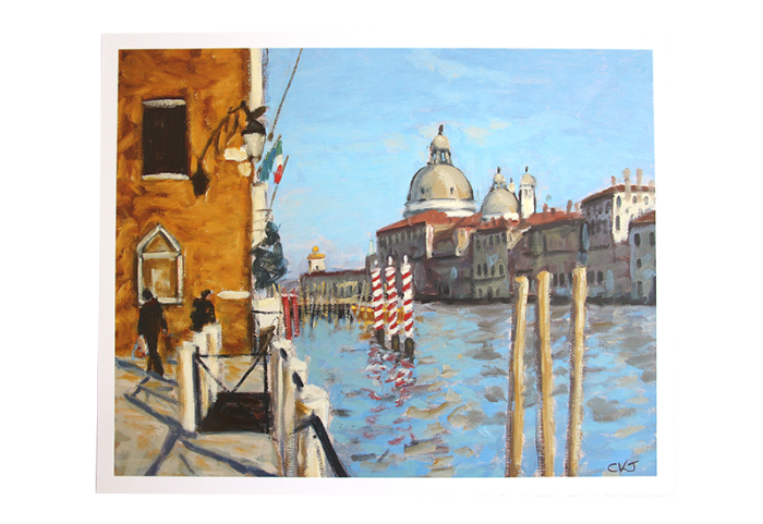 Reproduksjon med motiv av kanal i Venezia. Bilde.