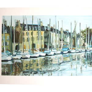 Reproduksjon med motiv av havnen i Port Navalo i Bretagne med båter og bygninger. Bilde.