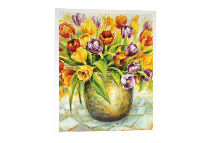 Reproduksjon med motiv av fargerike tulipaner i vase. Bilde.