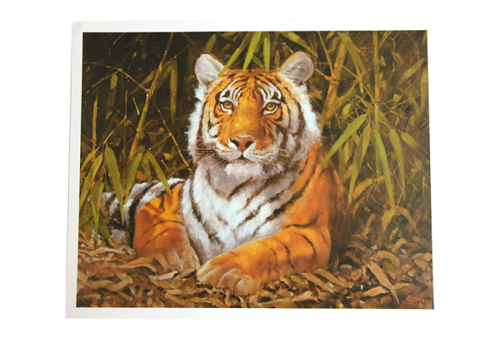Reproduksjon med motiv av liggende tiger i jungel. bilde.