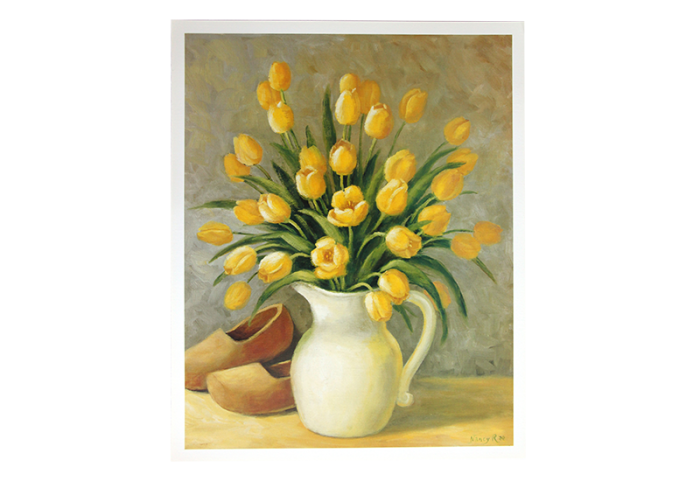 Reproduksjon med motiv av gule tulipaner i vase. Bilde.