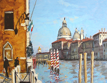 Reproduksjon med motiv av kanal i Venezia. Bilde.
