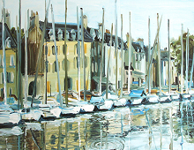 Reproduksjon med motiv av havnen i Port Navalo i Bretagne med båter og bygninger. Bilde.