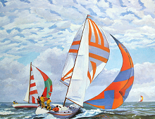 Reproduksjon med motiv av fargerike seilbåter i regatta. Bilde.