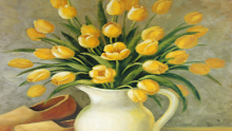 Reproduksjon med motiv av gule tulipaner i vase. Bilde.