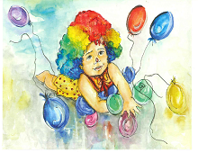 Liten pike med fargerikt hår på gulvet som forsøker å samle sine fargede ballonger.