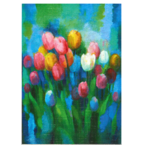 Dobbeltkort med miks av fargede tulipaner på blå bakgrunn.