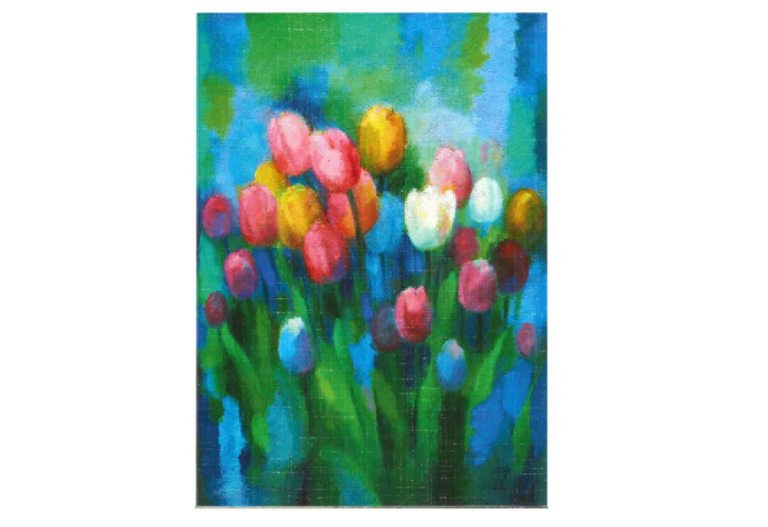 Dobbeltkort med miks av fargede tulipaner på blå bakgrunn.