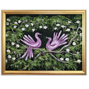 Originalmaleri av munnmaler Sigrid Slora. To rosa fugler med blomster rundt. Bilde.