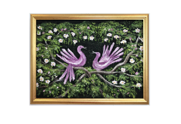 Originalmaleri av munnmaler Sigrid Slora. To rosa fugler med blomster rundt. Bilde.