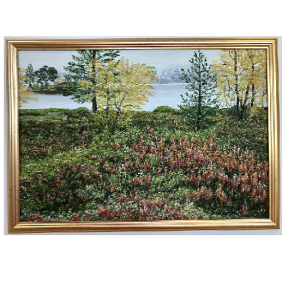 Originalmaleri av munnmaler Sigrid Slora. Naturmotiv med blomster, trær og vann. Bilde.