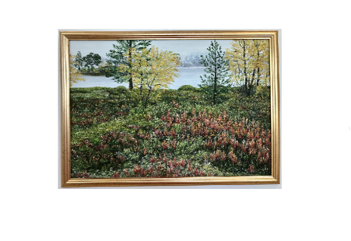 Originalmaleri av munnmaler Sigrid Slora. Naturmotiv med blomster, trær og vann. Bilde.