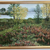Originalmaleri av munnmaler Sigrid Slora. Naturmotiv med blomster, trær og vann. Bilde.