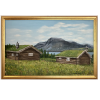Originalmaleri av munnmaler Sigrid Slora. Naturmotiv med to laftehytter, et vann og fjell. Bilde.