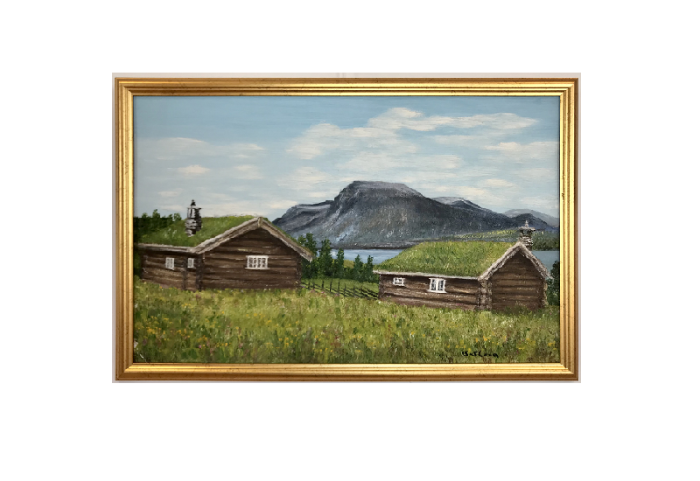 Originalmaleri av munnmaler Sigrid Slora. Naturmotiv med to laftehytter, et vann og fjell. Bilde.