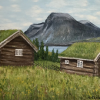 Originalmaleri av munnmaler Sigrid Slora. Naturmotiv med to laftehytter, et vann og fjell. Bilde.
