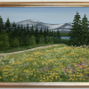 Originalmaleri av munnmaler Sigrid Slora. Naturmotiv med blomstereng, trær og fjell. Bilde.
