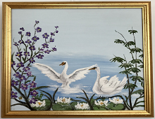 Originalmaleri av munnmaler Sigrid Slora. Motiv av to svaner på vannet omringet av blomster. Bilde.