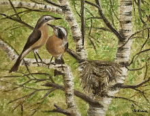 Originalmaleri av munnmaler Sigrid Slora. Naturmotiv av to fugler i et tre med et rede. Bilde.