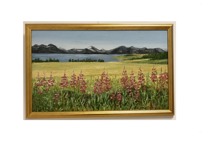 Originalmaleri av munnmaler Sigrid Slora. Naturmotiv av blomster, åker, vann og fjell. Bilde.
