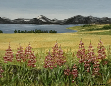 Originalmaleri av munnmaler Sigrid Slora. Naturmotiv av blomster, åker, vann og fjell. Bilde.