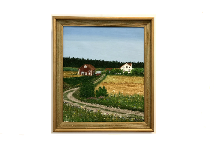 Originalmaleri av munnmaler Sigrid Slora. Naturmotiv med rød låve og hvitt hus. Bilde.