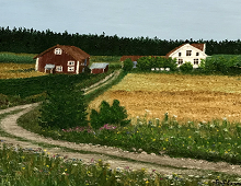 Originalmaleri av munnmaler Sigrid Slora. Naturmotiv med rød låve og hvitt hus. Bilde.