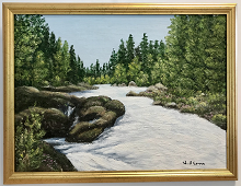 Originalmaleri av munnmaler Sigrid Slora. Naturmotiv med foss og trær. Bilde.