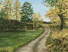 Originalmaleri av munnmaler Sigrid Slora. Naturmotiv med trær og en liten vei. Bilde.