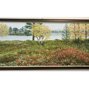 Originalmaleri av munnmaler Sigrid Slora. Naturmotiv, trær og vann. Bilde.