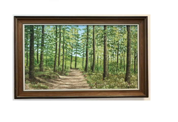 Originalmaleri av munnmaler Sigrid Slora. Naturmotiv med trær og en liten sti. Bilde.
