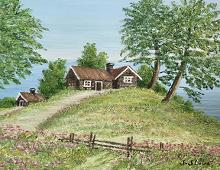 Originalmaleri av munnmaler Sigrid Slora. Små hus på en liten kolle og vann i bakgrunnen. Bilde.