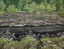 Originalmaleri av munnmaler Sigrid Slora. Naturmotiv av rennende bekk, blomster og trær. Bilde.