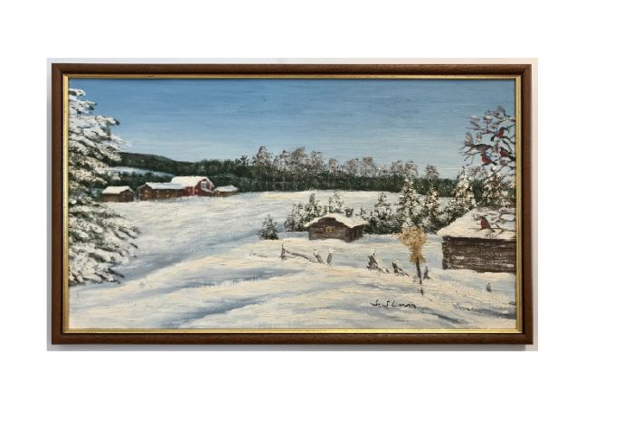 Originalmaleri av munnmaler Sigrid Slora. Vintermotiv av låve, laftede hus, julenek og dompaper. Bilde.
