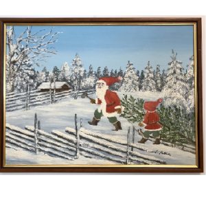Originalmaleri av munnmaler Sigrid Slora. Julemotiv med to julenisser som bærer på et juletre i skogen. Bilde.