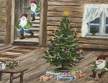 Originalmaleri av munnmaler Sigrid Slora. Julemotiv med fem nisser i et laftet hus med julegaver og juletre. Bilde.