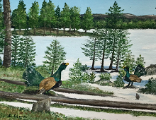 Originalmaleri av munnmaler Sigrid Slora. Naturmotiv av tiurleik i skogen. Bilde.