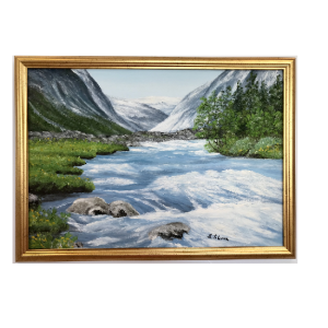 Originalmaleri av munnmaler Sigrid Slora. Naturmotiv med foss og fjell. Bilde.
