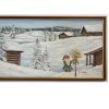 Originalmaleri av munnmaler Sigrid Slora. Vintermotiv av julenisse med julenek og laftehytter. Bilde.