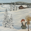 Originalmaleri av munnmaler Sigrid Slora. Vintermotiv av julenisse med julenek og laftehytter. Bilde.