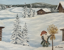 Originalmaleri av munnmaler Sigrid Slora. Vintermotiv av julenisse med julenek og laftehytter. Bilde.