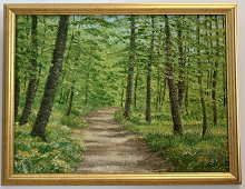 Originalmaleri av munnmaler Sigrid Slora. Naturmotiv med trær og sti. Bilde.