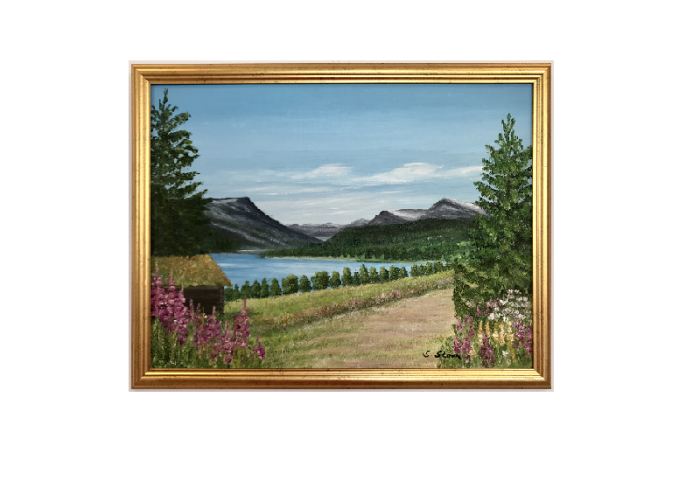 Originalmaleri av munnmaler Sigrid Slora. Naturmotiv med rosa blomster, et lite vann, trær og fjell. Bilde.