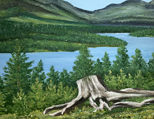 Originalmaleri av munnmaler Sigrid Slora. Naturmotiv med elv og en stubbe. Bilde.