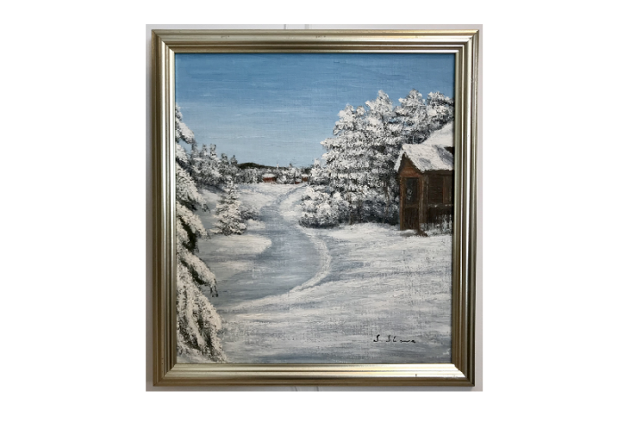 Originalmaleri av munnmaler Sigrid Slora. Vintermotiv med hytte i skogen. Bilde.