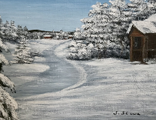 Originalmaleri av munnmaler Sigrid Slora. Vintermotiv med hytte i skogen. Bilde.